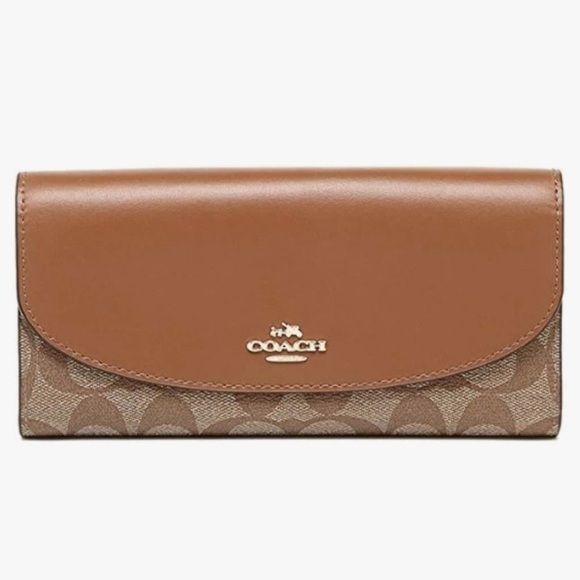 Coach Signature C Logo Slim Envelope in Khaki/Saddle checkbook Fold Long Wallet - Picture 1 of 8